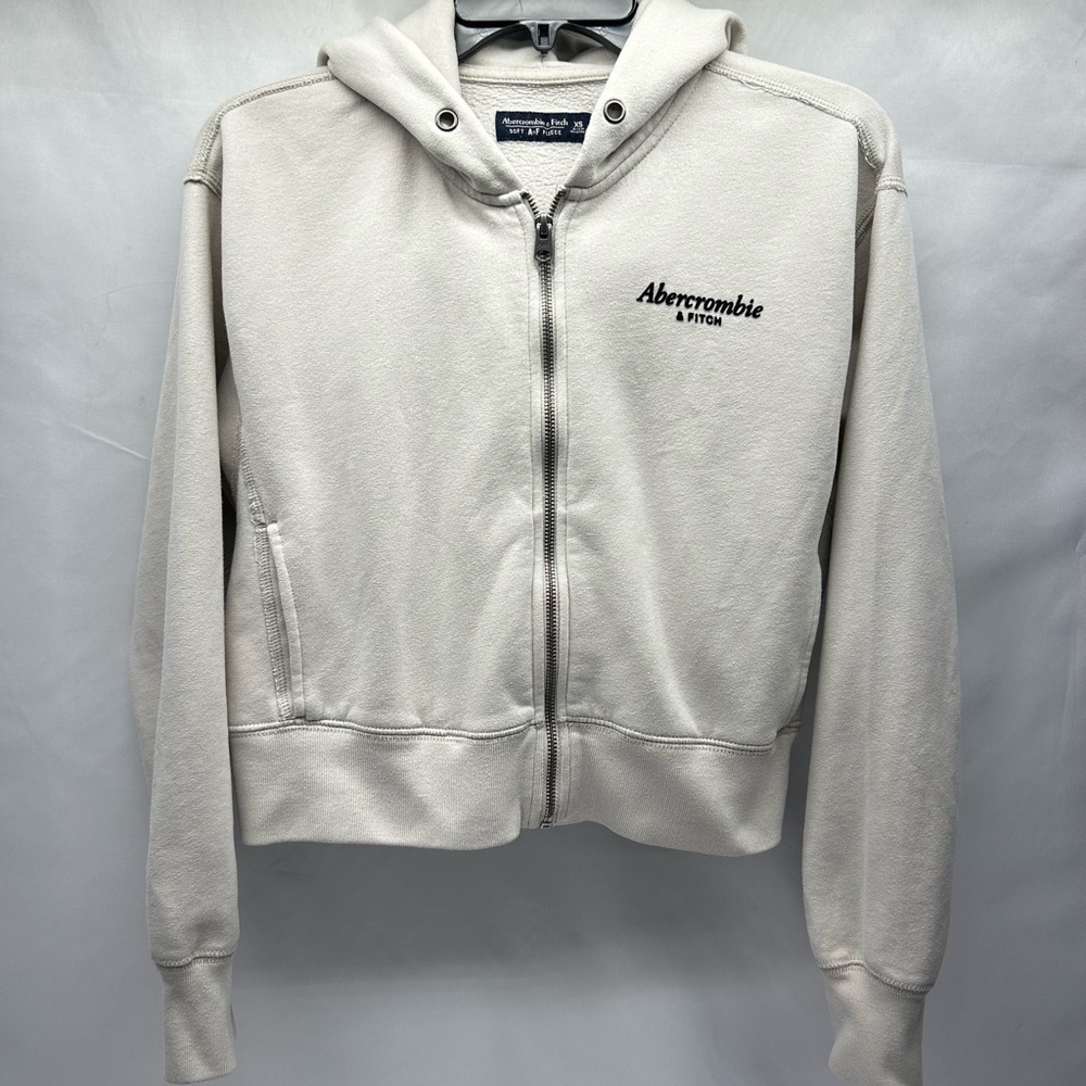 Abercrombie & Fitch Cream Cropped Zip Front Hoodie XS Pockets LOGO